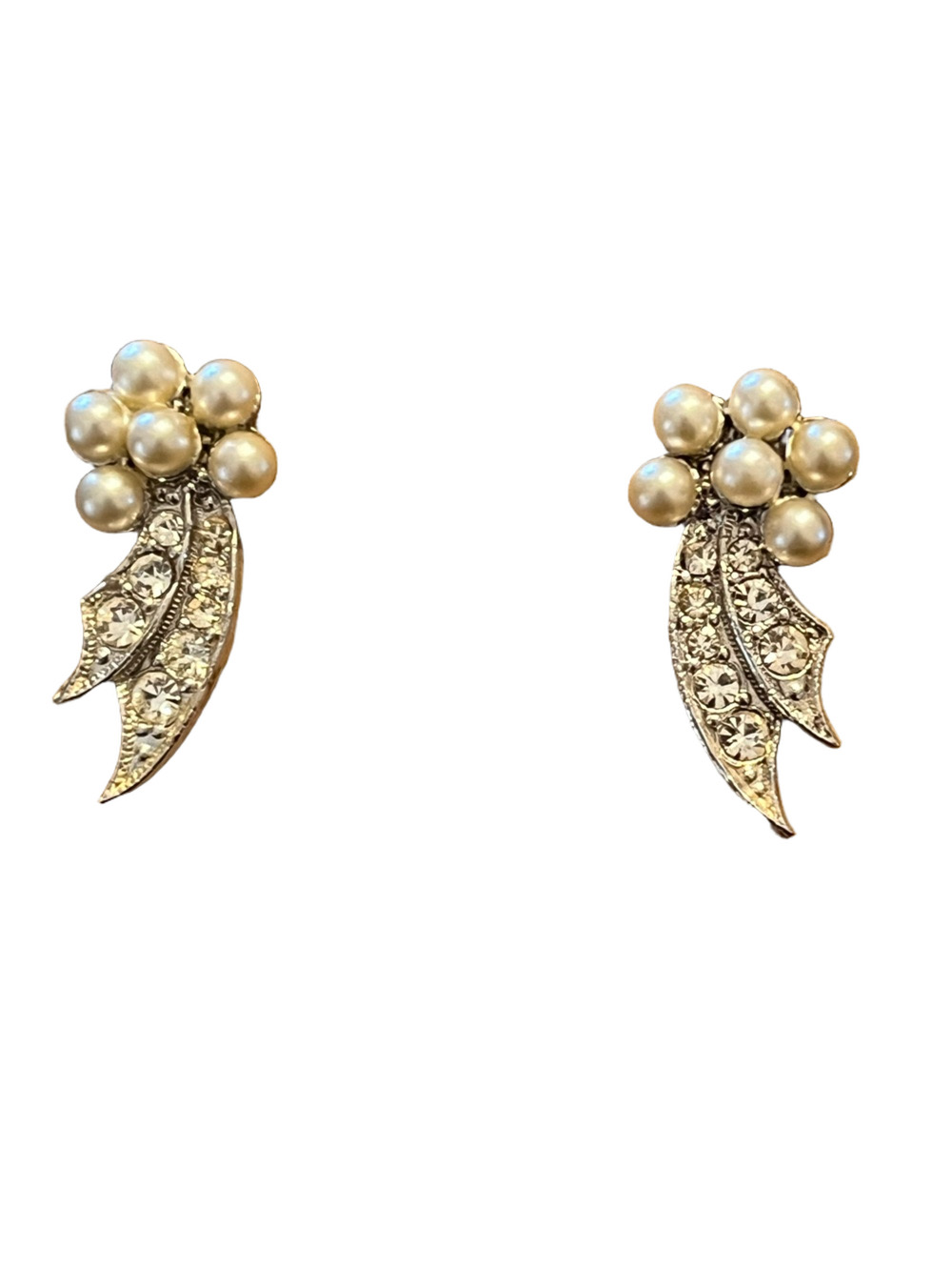 Signed Richelieu Pearl Rhinestone Clip On Earrings Vintage Mid-Century